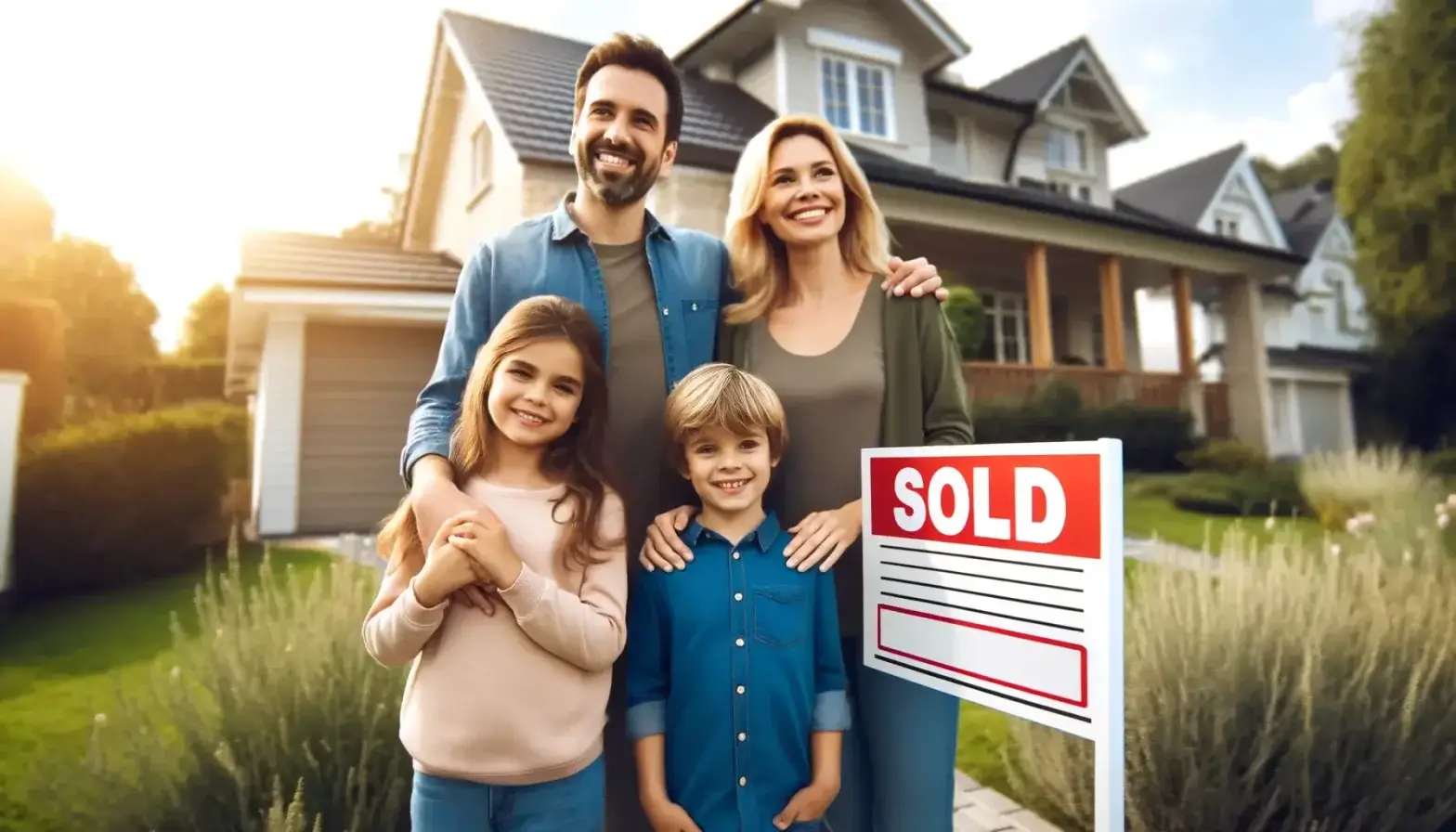What Happens If I Can'T Close On My Toronto House? 17 Dall·e 2024 05 16 21.16.11 A Happy Family Standing In Front Of A Sold Sign With Their New Home In The Background Representing The Positive Outcome Of A Successful Closing. Th B